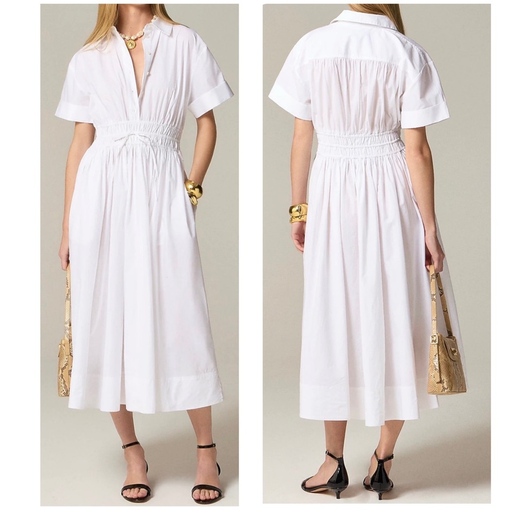 J. Crew Elena Shirt-Dress Short-Sleeve Smocked Waist White Cotton Poplin Size 12